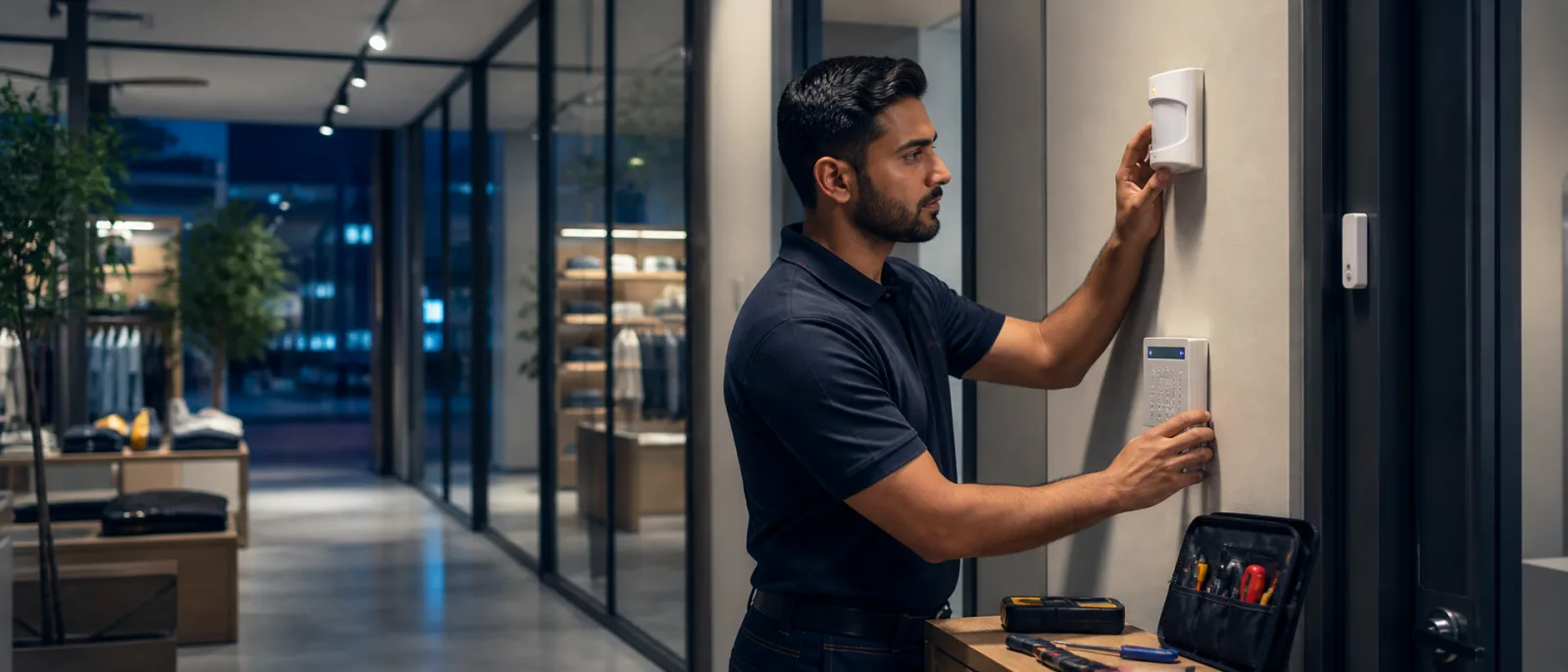 Technician testing an intrusion alarm sensor in a retail space