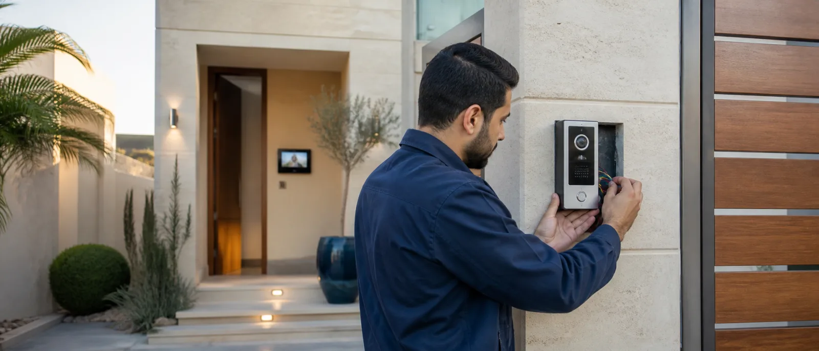 Technician installing a video intercom beside a residential entrance