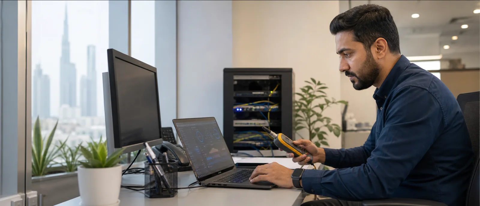 IT support engineer diagnosing an office network from a laptop