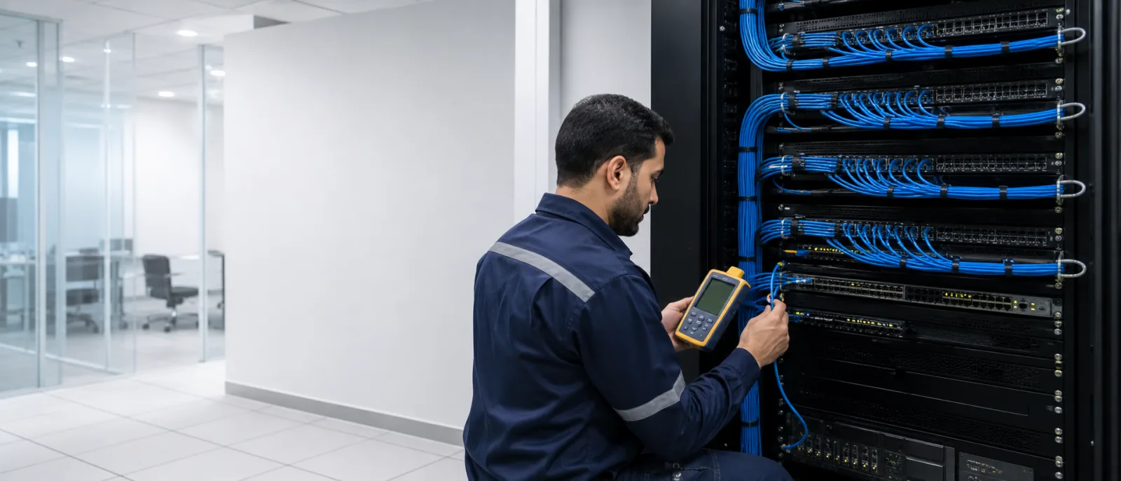 Network engineer testing structured cabling in a communications rack